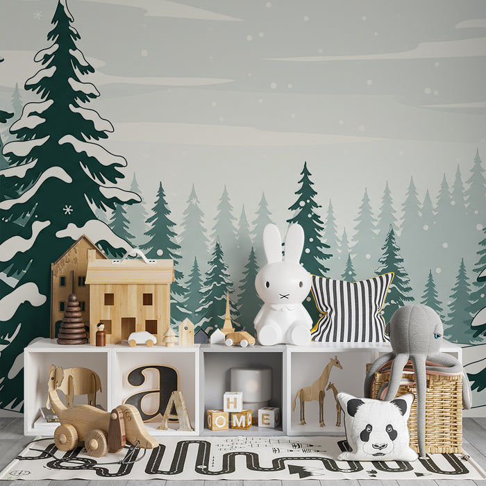 Carta da parati bambini | Foresta innevata con alberi di Natale e fiocchi
