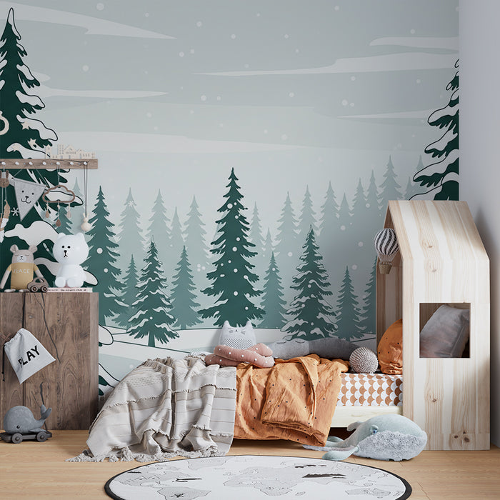 Carta da parati bambini | Foresta innevata con alberi di Natale e fiocchi