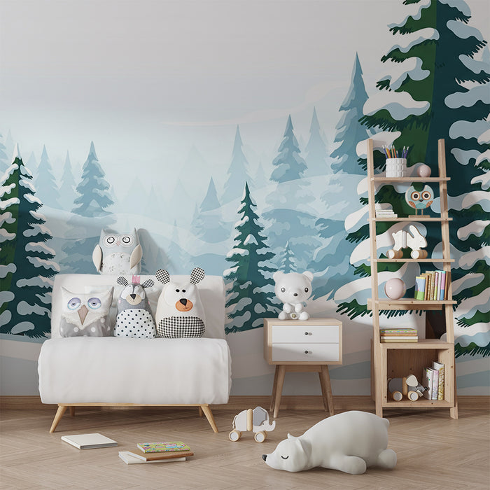 Barntapet | Snötäckt skog med majestätiska tallar