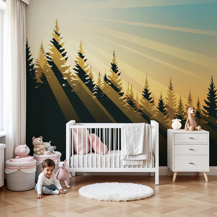 Kinderzimmer Tapete | Sonniger Wald mit majestätischen Baumumrissen