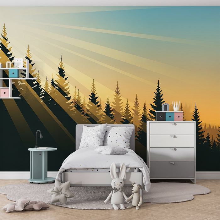 Kinderzimmer Tapete | Sonniger Wald mit majestätischen Baumumrissen