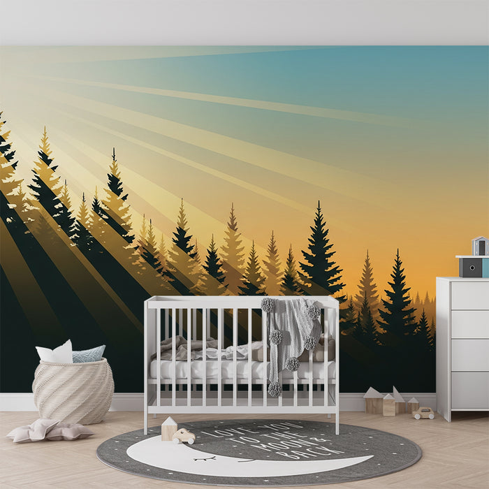 Kinderzimmer Tapete | Sonniger Wald mit majestätischen Baumumrissen
