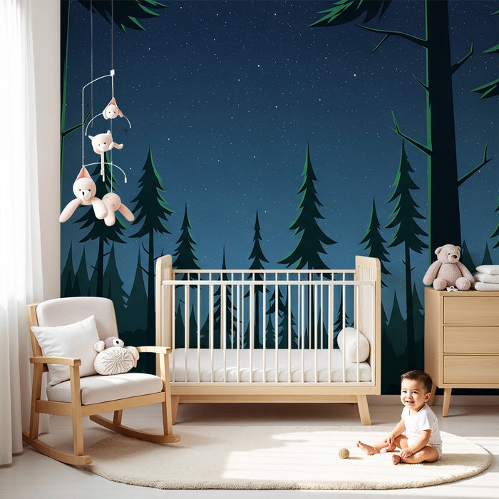 Kinderkamer behang | Sterrenbos met grote groene dennenbomen