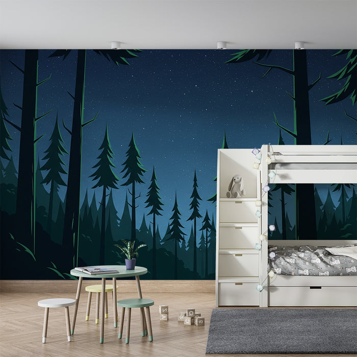 Kinderkamer behang | Sterrenbos met grote groene dennenbomen