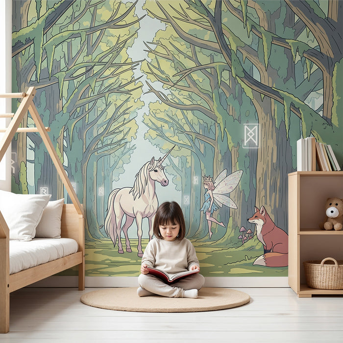 Papier peint chambre enfant | Forêt féérique avec licorne et fée