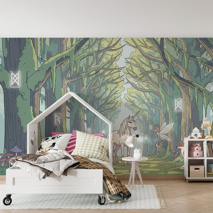 Papier peint chambre enfant | Forêt féérique avec licorne et fée