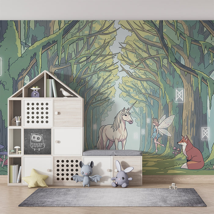 Papier peint chambre enfant | Forêt féérique avec licorne et fée