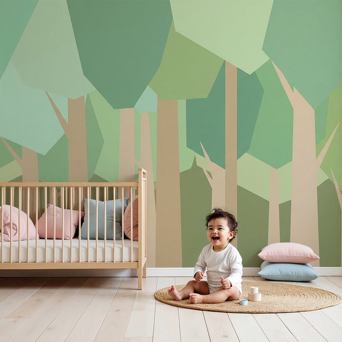 Papel de parede criança | Floresta geométrica em tons suaves