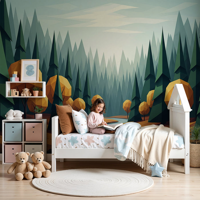 Kinderzimmer Tapete | Geometrischer Wald mit Herbstfarben Bäumen
