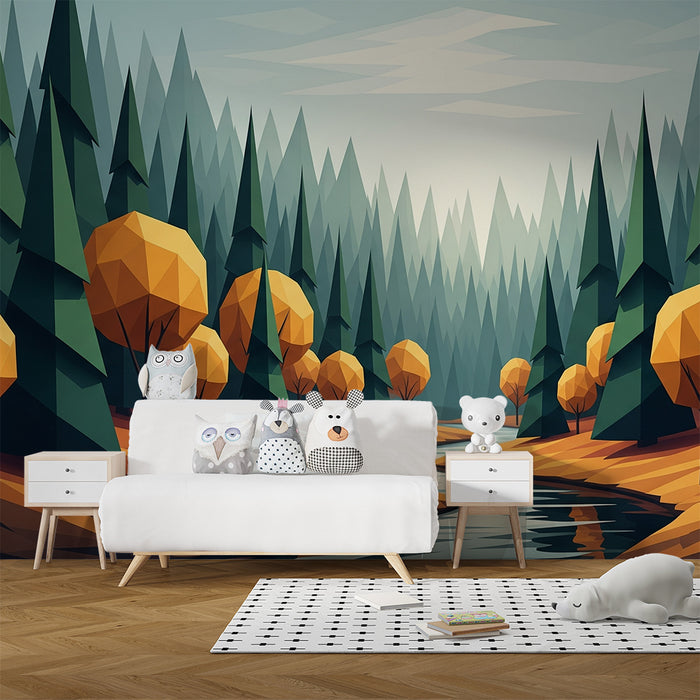 Kinderzimmer Tapete | Geometrischer Wald mit Herbstfarben Bäumen