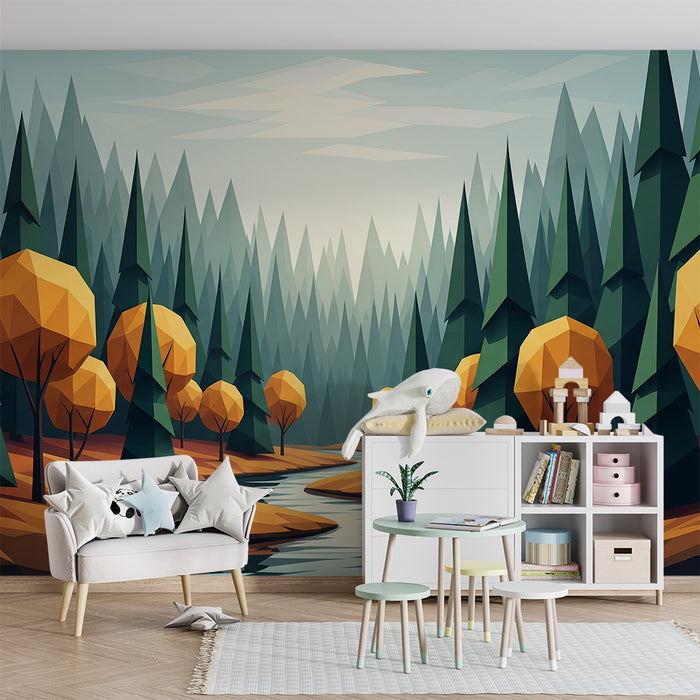 Kinderzimmer Tapete | Geometrischer Wald mit Herbstfarben Bäumen