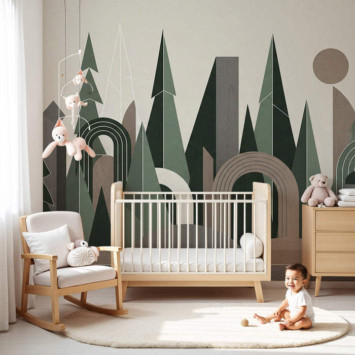 Kinderkamer behang | Geometrisch bos met gestileerde bomen en gekleurde bogen