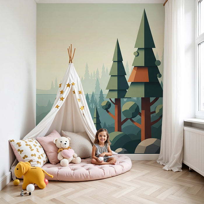 Carta da parati bambini | Foresta geometrica con alberi stilizzati e paesaggi rilassanti