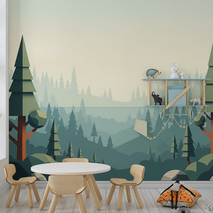 Carta da parati bambini | Foresta geometrica con alberi stilizzati e paesaggi rilassanti
