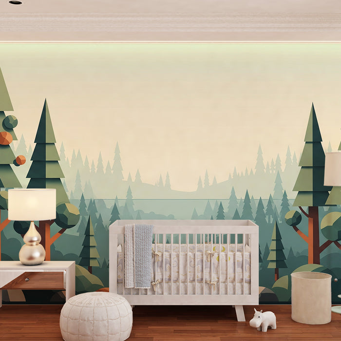 Carta da parati bambini | Foresta geometrica con alberi stilizzati e paesaggi rilassanti