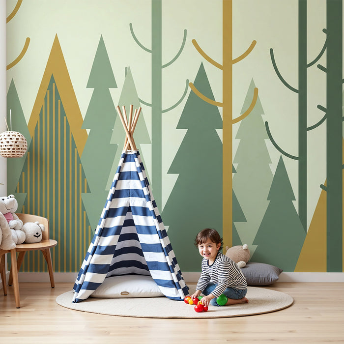Kids room wallpaper | Geometric forest with stylized trees