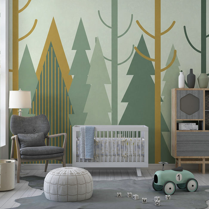 Kids room wallpaper | Geometric forest with stylized trees