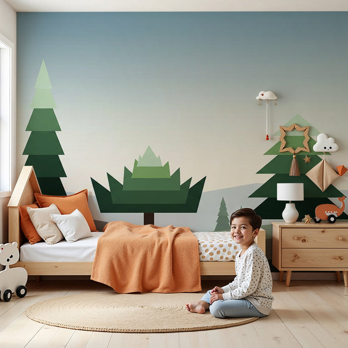 Kids room wallpaper | Geometric forest with stylized trees