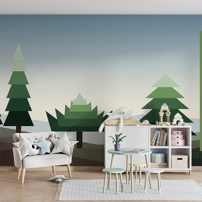 Kids room wallpaper | Geometric forest with stylized trees