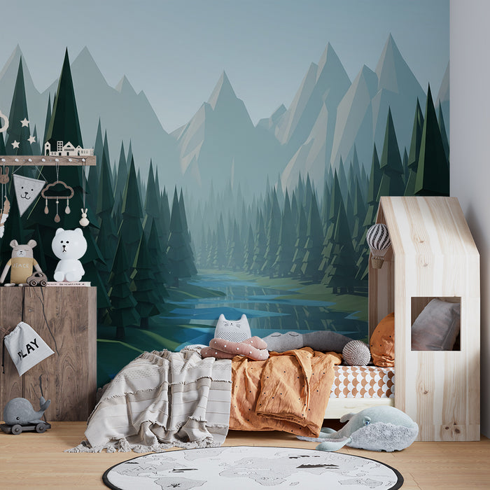 Kinderkamer behang | Geometrisch bos met rustige beek