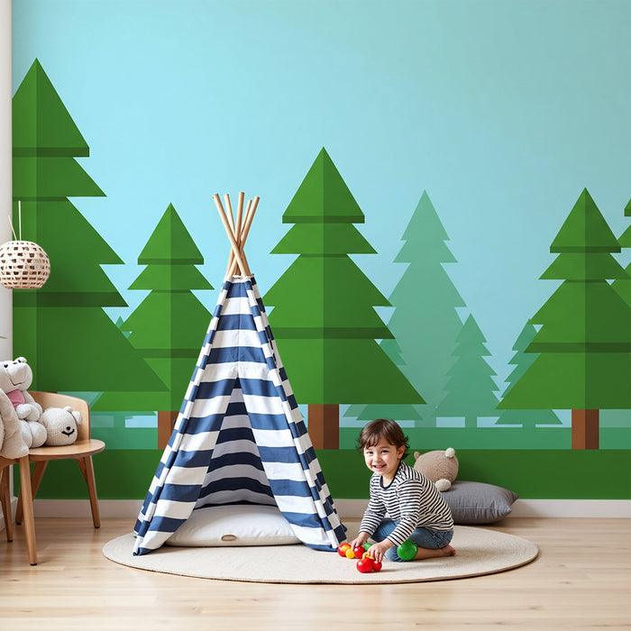 Kids room wallpaper | Geometric forest with stylized fir trees