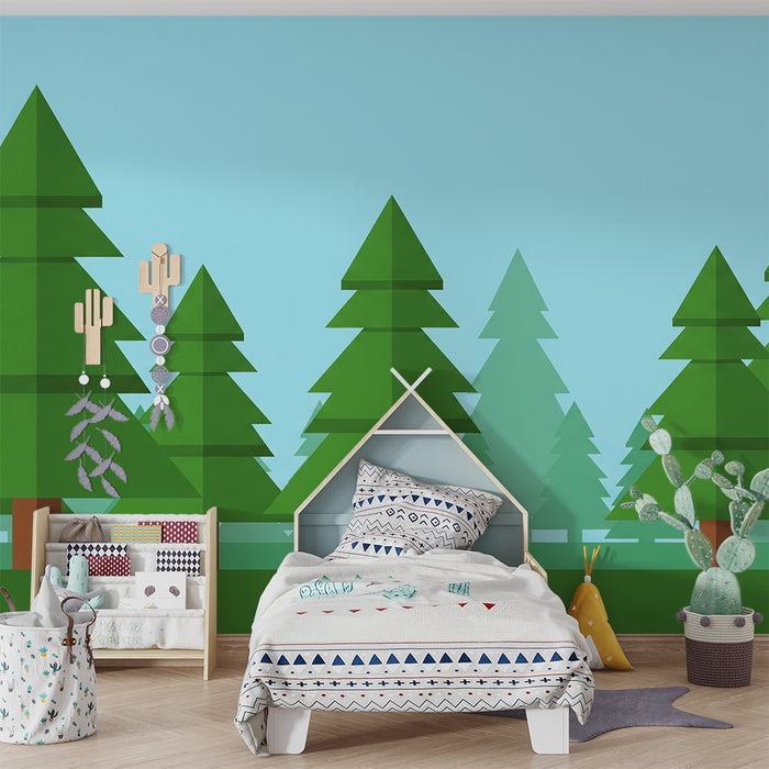 Kids room wallpaper | Geometric forest with stylized fir trees