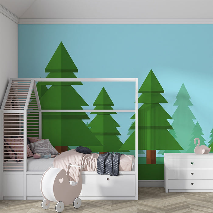 Kids room wallpaper | Geometric forest with stylized fir trees
