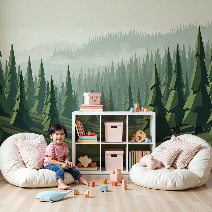 Kinderkamer behang | Geometrisch bos met groene dennenbomen