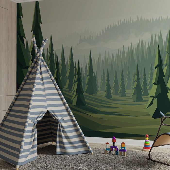 Kinderkamer behang | Geometrisch bos met groene dennenbomen