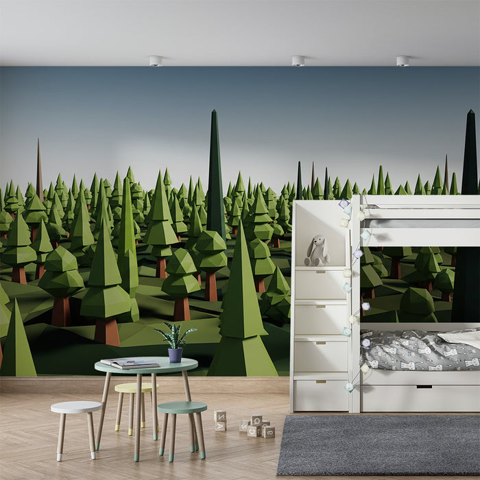 Papel de parede criança | Floresta geométrica em verde e marrom