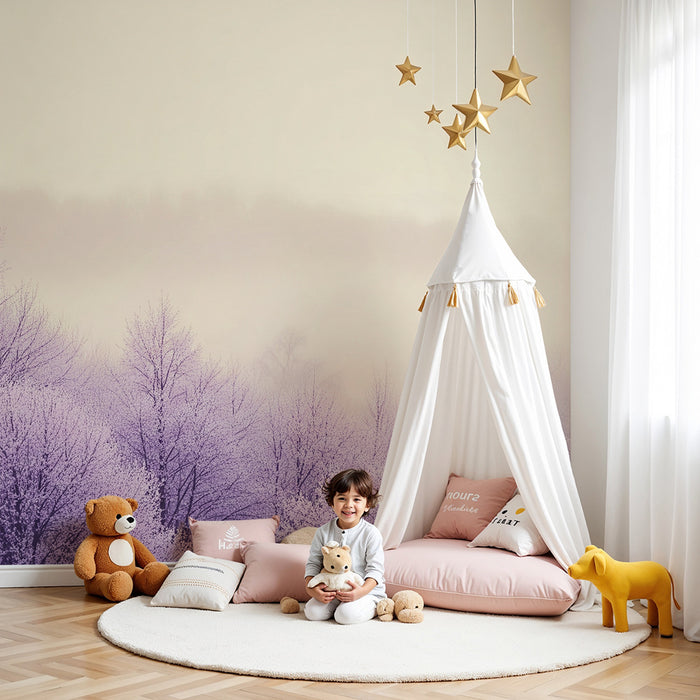 Children's Room Wallpaper | Winter Forest in Bloom with Soft Mist