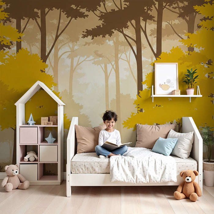 Papier peint chambre enfant | Forêt jaune moutarde avec arbres majestueux
