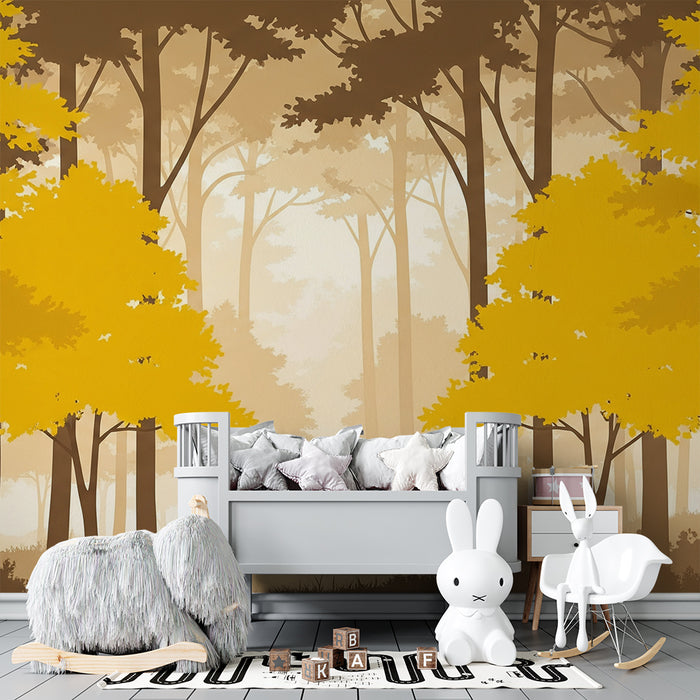 Papier peint chambre enfant | Forêt jaune moutarde avec arbres majestueux