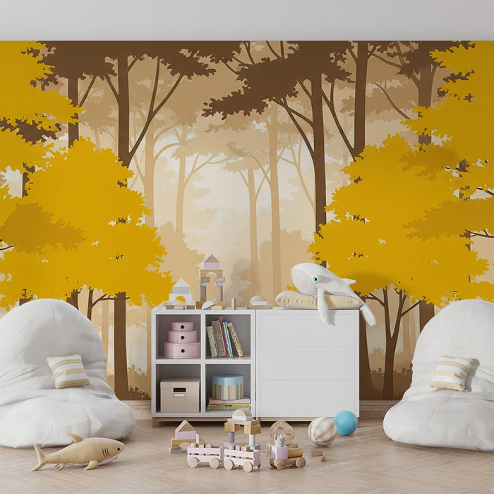 Papier peint chambre enfant | Forêt jaune moutarde avec arbres majestueux