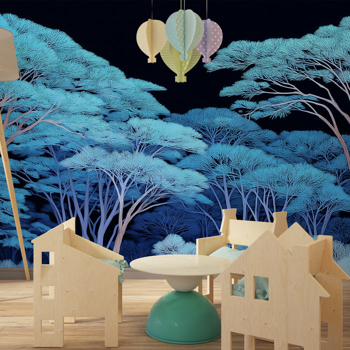 Papier peint chambre enfant | Forêt magique bleue sous un ciel nocturne