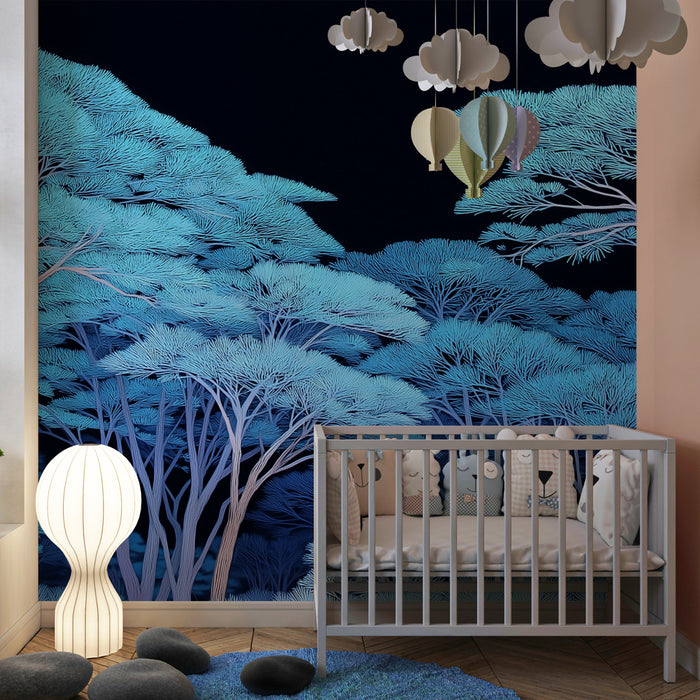 Papier peint chambre enfant | Forêt magique bleue sous un ciel nocturne