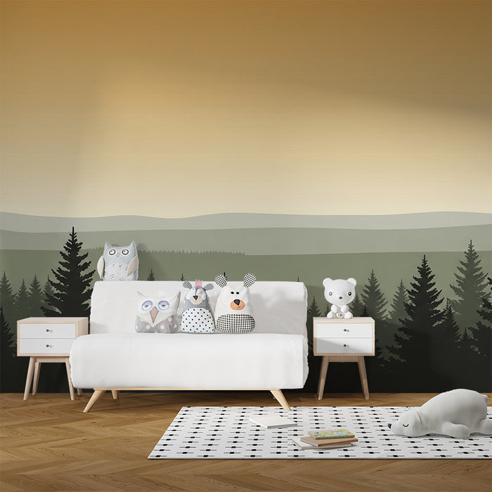 Kinderzimmer Tapete | Majestätischer Wald bei Sonnenuntergang
