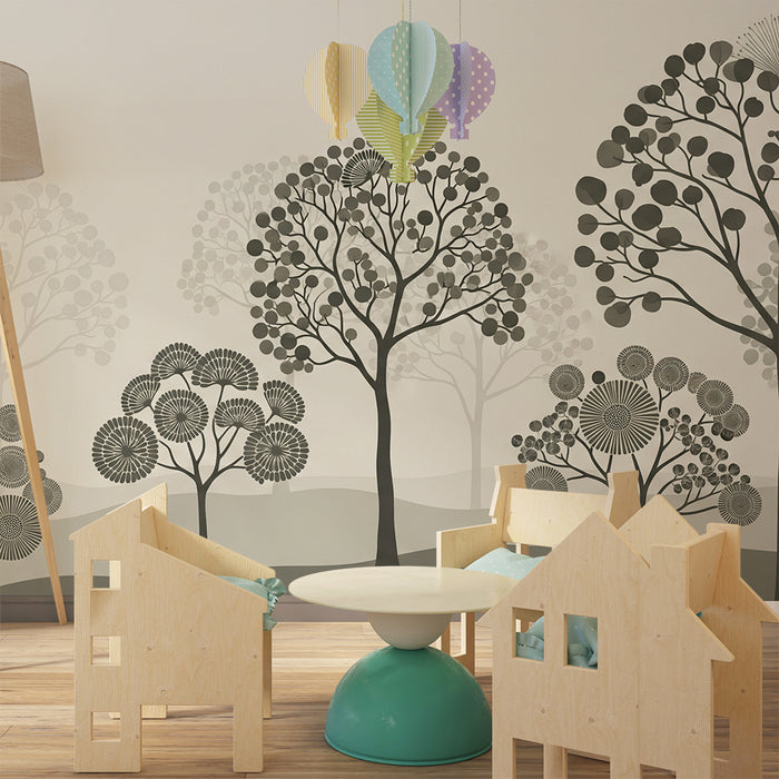 Barntapet | Minimalistisk skog med stiliserade träd i nyanser av grått