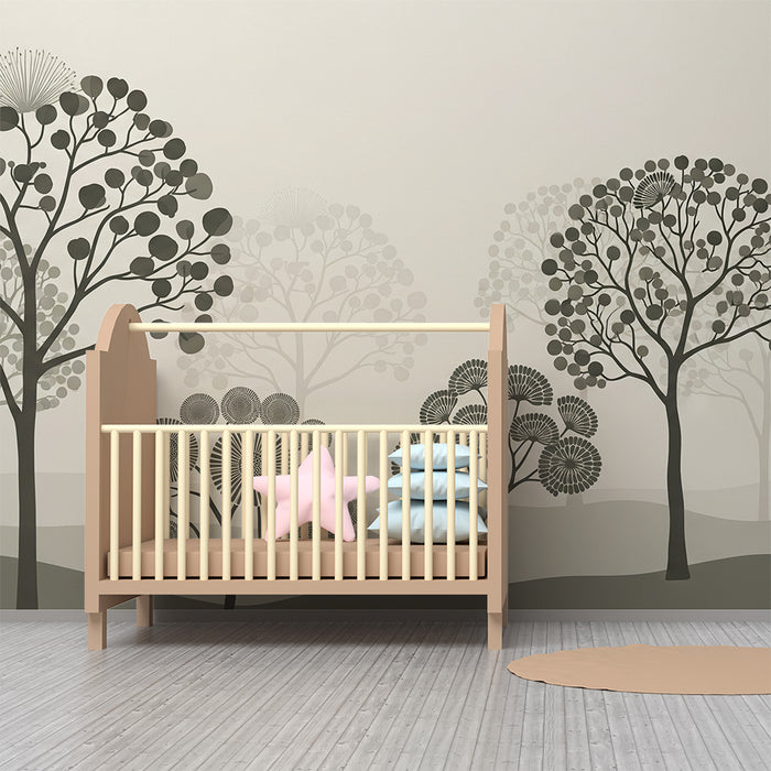 Barntapet | Minimalistisk skog med stiliserade träd i nyanser av grått