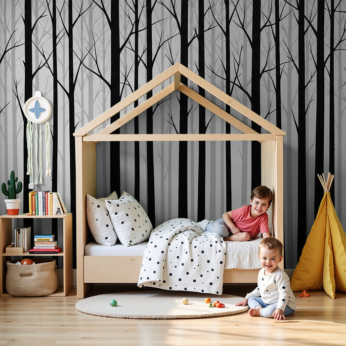 Kinderkamer behang | Minimalistisch zwart-wit bos