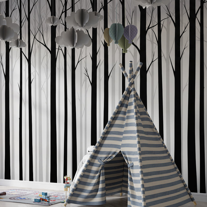 Kinderkamer behang | Minimalistisch zwart-wit bos