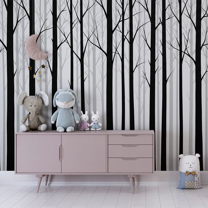 Kinderkamer behang | Minimalistisch zwart-wit bos