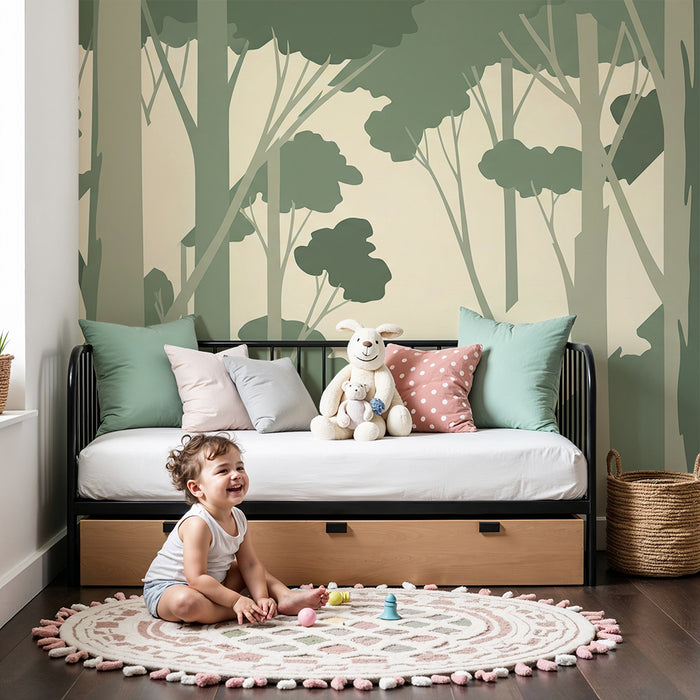 Papier peint chambre enfant | Forêt moderne avec des arbres stylisés en tons doux