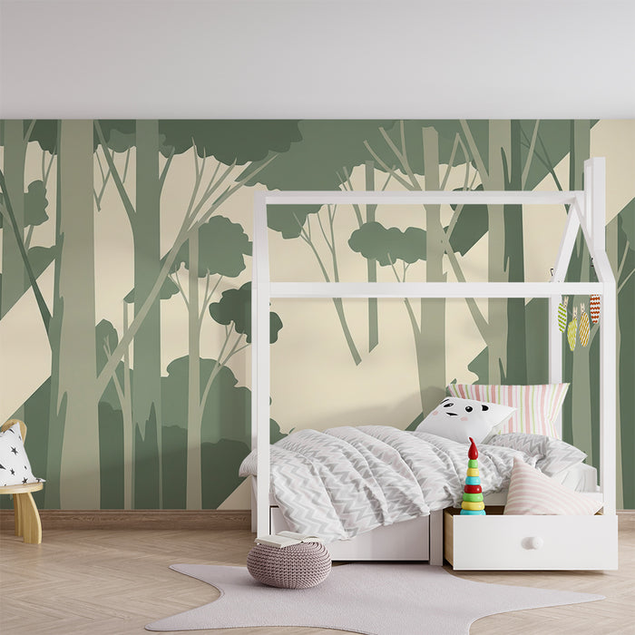 Papier peint chambre enfant | Forêt moderne avec des arbres stylisés en tons doux