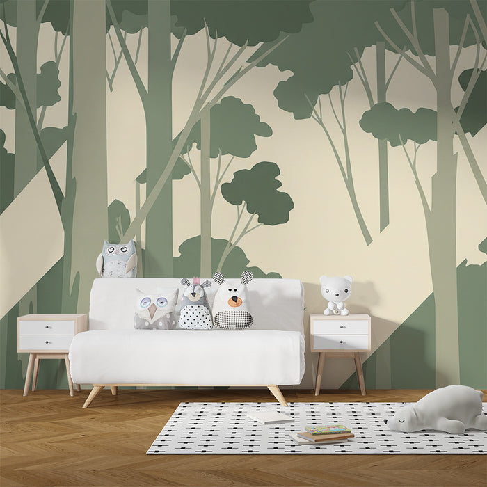 Papier peint chambre enfant | Forêt moderne avec des arbres stylisés en tons doux