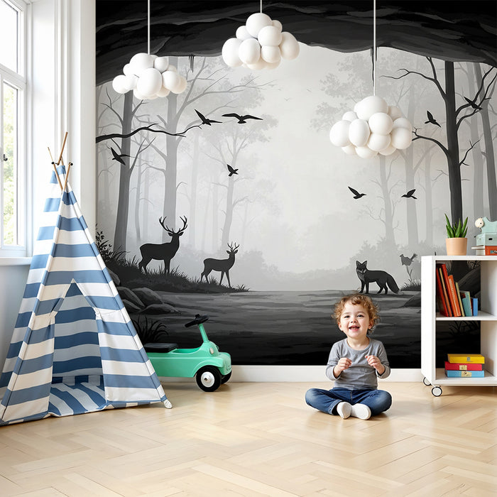Kids room wallpaper | Mysterious forest with wild animals in black and white