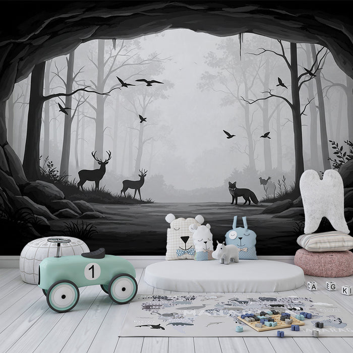 Kids room wallpaper | Mysterious forest with wild animals in black and white
