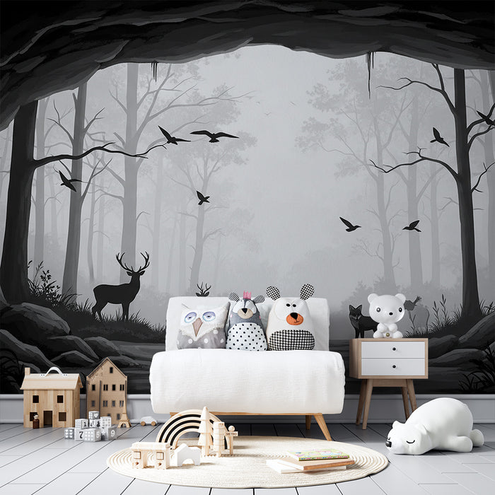Kids room wallpaper | Mysterious forest with wild animals in black and white