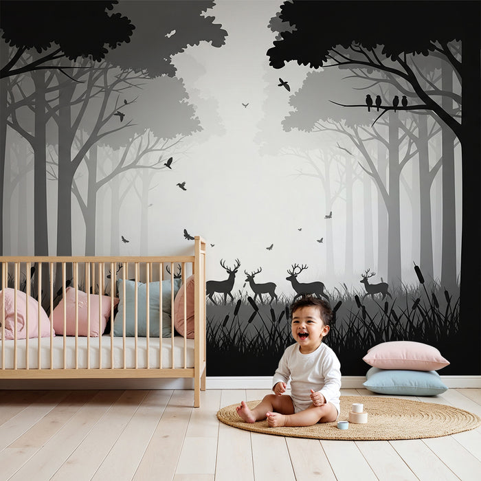Kids room wallpaper | Mysterious forest with deer and shadow birds