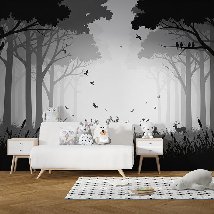 Kids room wallpaper | Mysterious forest with deer and shadow birds